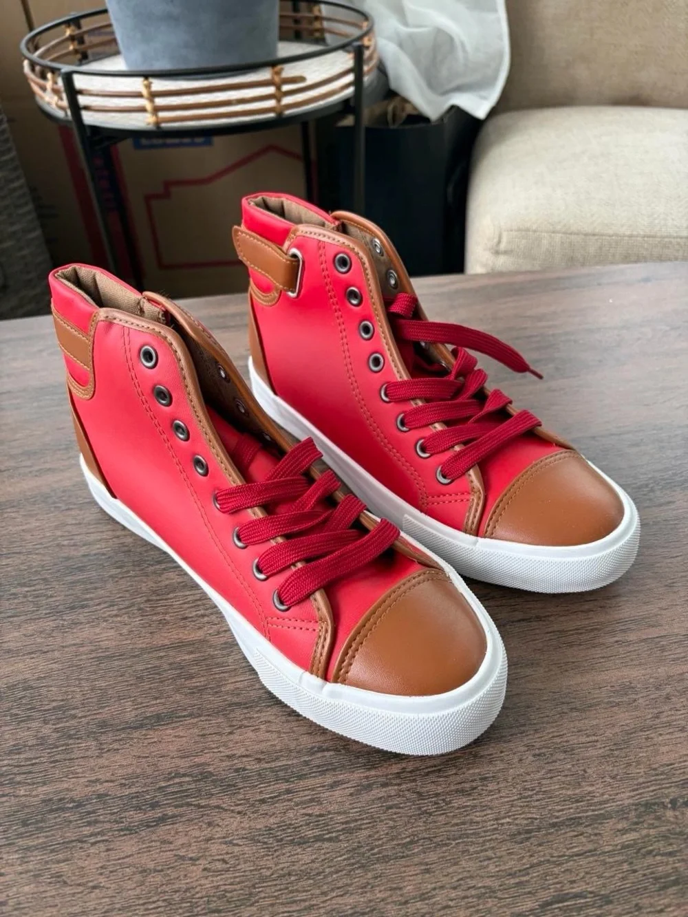 Red High-Top Sneakers with Brown Accents
